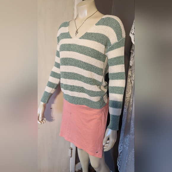 Mystree small nodded v-neck seafoam striped unique sweater beachy sexy - Picture 8 of 9